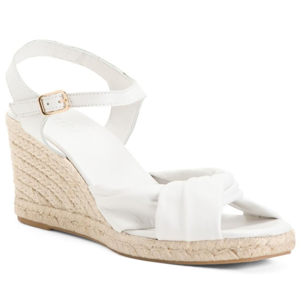 Jutelia Leather Wedge Sandal White Size 8 Raffia Espadrille Made in Spain